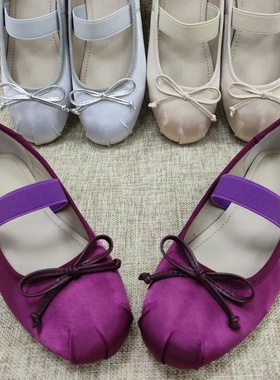 2025春季新款绸缎意式芭蕾鞋女紫色平底浅口鞋平跟软底蝴蝶结单鞋