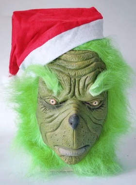 Green haired monster Grinch mask, thief latex headset, pran