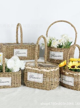 Grass woven hand-held flower basket, rattan woven succulent