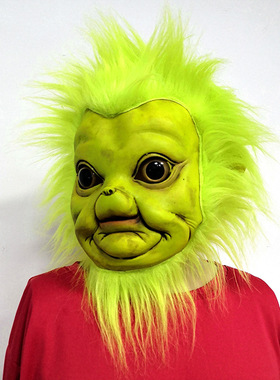 Green haired monster Grinch mask, thief latex headset, pran