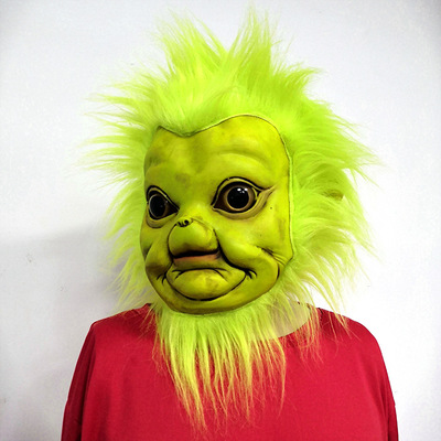 Green haired monster Grinch mask, thief latex headset, pran