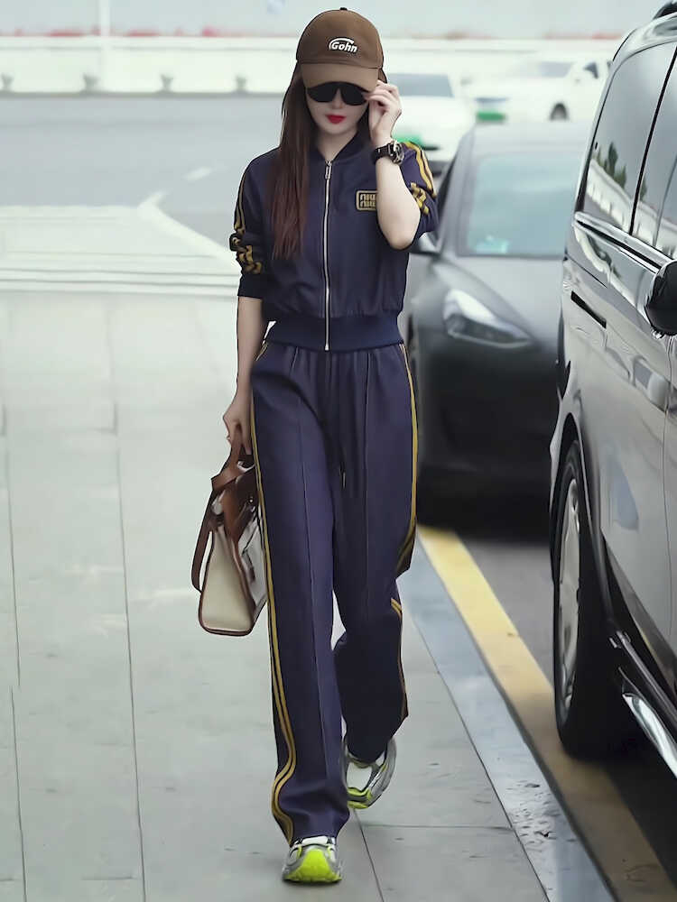 爆款时尚运动服套装2024春秋新款蓝色宽松开衫长袖卫衣两件套女装