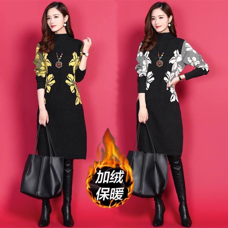 2024年秋冬新款打底衫印花中长款立领韩版宽松大码收腰款连衣裙女