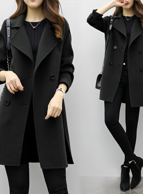 反季清仓特价黑色双排扣宽松收腰呢子大衣女学生小个子毛呢外套冬