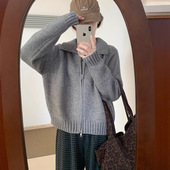 百搭长袖 韩版 针织内搭上衣女 新款 精致宽松双拉链翻领毛衣2025春季