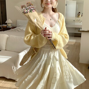 法温粉奶f华格织宽袖毛外套式柔ufu夫针开衫女早春新款松显瘦长衣