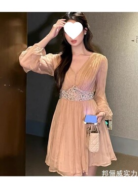 法式优雅风仙气时尚烫钻设计V领长袖连衣裙女2025夏季新款裙子ins