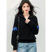 实拍拉链海军领撞色拼接粗线坑条新款 潮慵懒风女