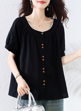 大码短袖恤新款夏装女装微胖显瘦遮肚子娃娃半袖衬衫上衣
