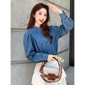 复古蓝色宽松休闲百搭上衣 法式 实拍花边领牛仔衬衫 女春季