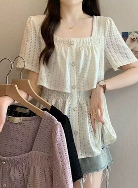 法式方领镂空短袖衬衫女士夏季新款荷叶边小衫胖MM遮肚子显瘦上衣