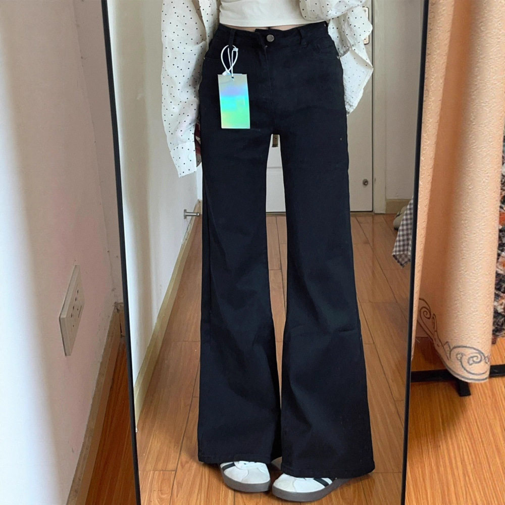 黑色不贴腿微喇牛仔裤女春季大码胖mm宽松显瘦梨形身材阔腿喇叭裤