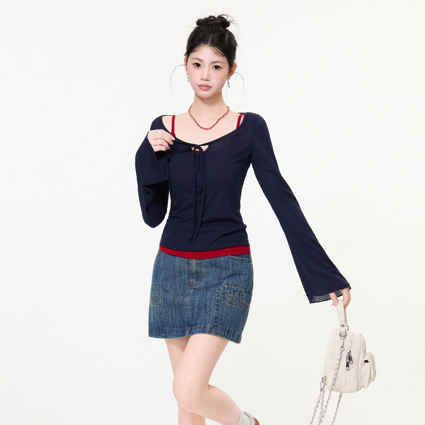 韩系系带V领正肩喇叭袖T恤女2026年夏季修身显瘦微透薄款长袖上衣