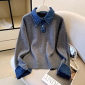 上衣 慵懒显瘦针织衫 韩系假两件灰色牛仔拼接Polo领毛衣女春季 新款