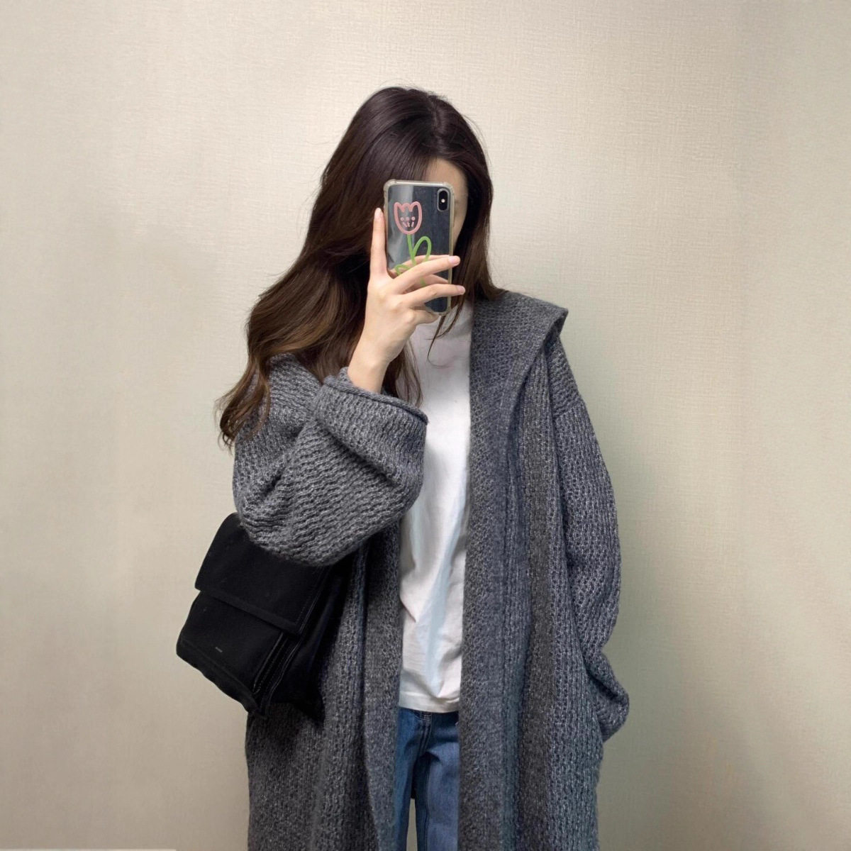 灰色中长款连帽毛衣外套女早春季韩系气质宽松慵懒松弛感针织开衫