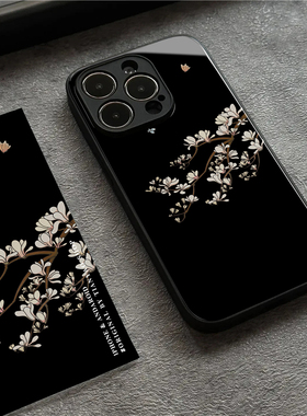 新中式蝴蝶玉兰花适用iPhone14苹果13promax手机壳荣耀80玻璃保护套mate50一加vivox90小米12三星oppo华为p60