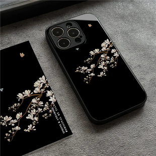 新中式蝴蝶玉兰花适用iPhone14苹果13promax手机壳荣耀80玻璃保护套mate50一加vivox90小米12三星oppo华为p60