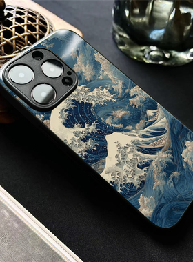 新中式怒涛撼岳适用苹果14promax手机壳玻璃iphone16小米15OPPOreno9荣耀iqoo华为mate60一加vivox100红米k70