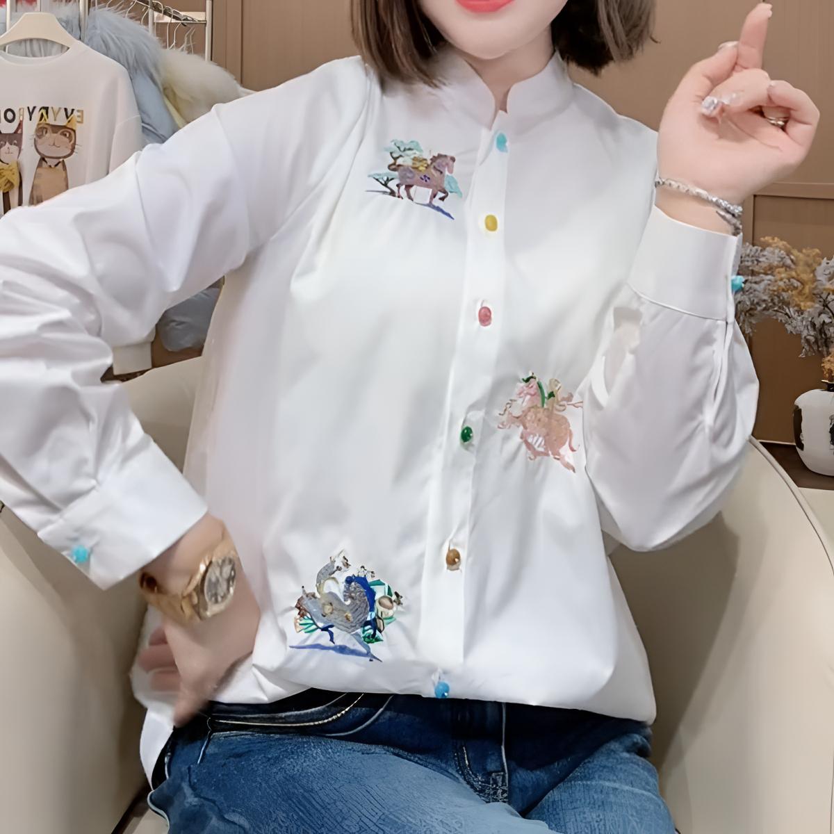 刺绣中式国风衬衫小马年款上衣