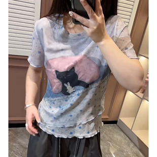 【全码100-210斤】猫咪印花短袖T恤女夏波点网纱层次百搭上衣潮