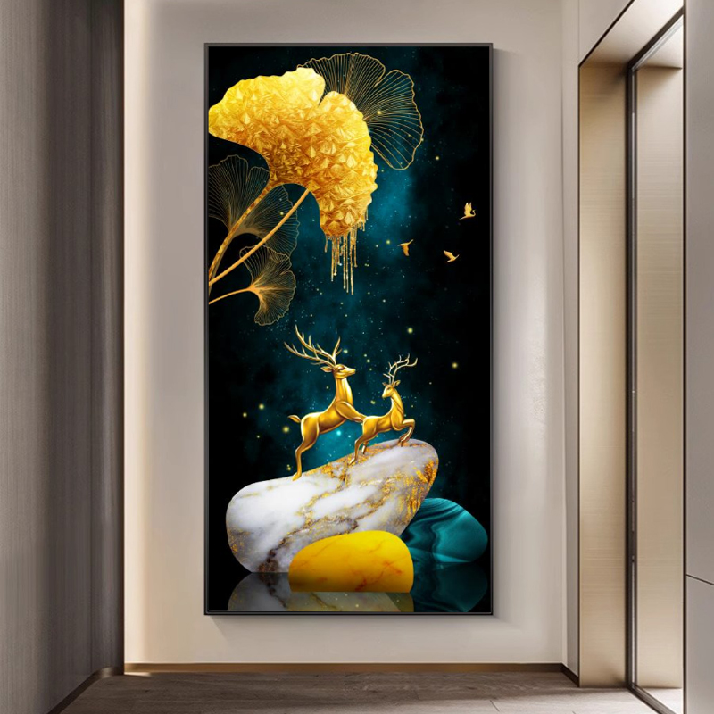 现代简约入户玄关装饰画轻奢走廊过道麋鹿壁画高端大气晶瓷画挂画图片