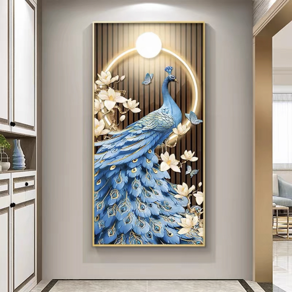 新中式孔雀客厅沙发上档次竖版LED灯镶钻铝合金框晶瓷玄关装饰画图片