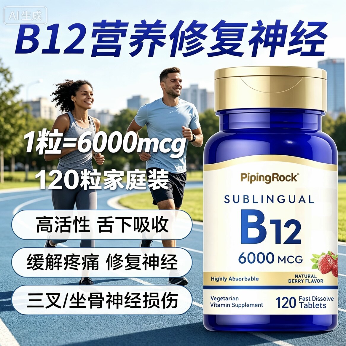 河南保税仓pipingrock维生素B12片6000mcg高浓度软胶囊120粒朴诺图片