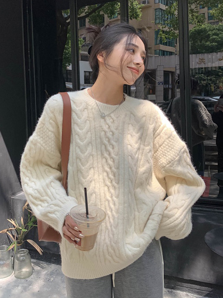 软糯高级感宽松慵懒风加厚针织衫复古麻花圆领套头毛衣女秋冬季