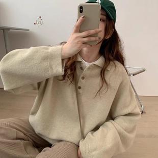 学院风宽松慵懒风毛衣女秋冬外穿韩版百搭套头polo领针织衫上衣女