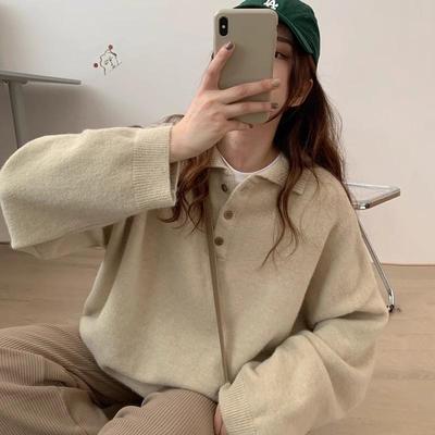 韩系宽松2024年毛衣套头polo领