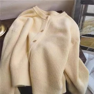 女 新款 圆领毛衣外套女秋冬季 宽松百搭长袖 软糯华夫格加厚针织开衫
