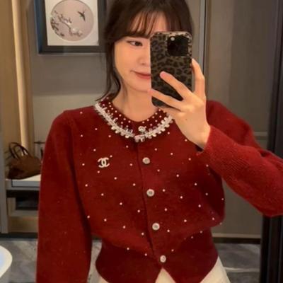 钉珠圆领针织开衫女秋冬软糯外套