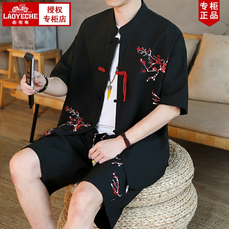老爷车短袖t恤男中国风唐装两件套复古盘扣上衣夏季新中式套装潮