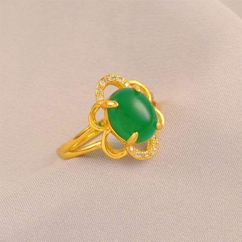 中国古风花型戒指女士镀24K金色搭配碧绿古风搭中式风格闭口戒指