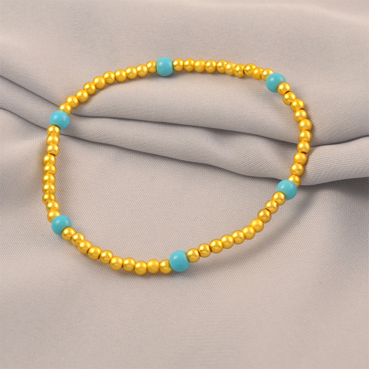 金店同款镀24K金色圆珠绿松一单圈手链小米珠叠戴手串精致送女友