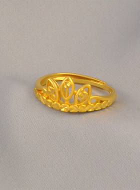 原创镀24K金色古法皇冠食指戒指女ins高级感小众设计素圈沙金指环