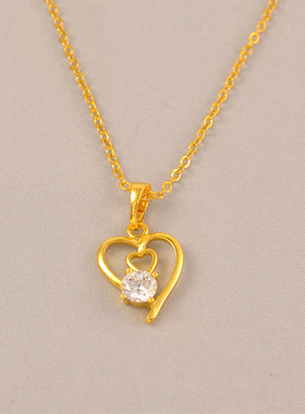 洗澡不用摘~灵动项链镶钻锆石镀24K金色简洁爱心精致锁骨链送女友