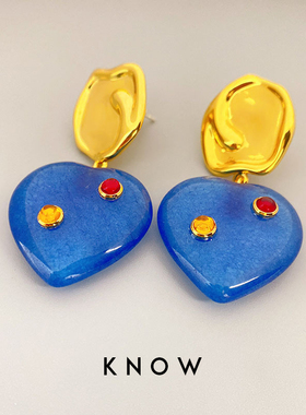 KNOW法式复古蓝色宝石爱心形耳环高级感法式耳钉银针小众硅胶耳夹