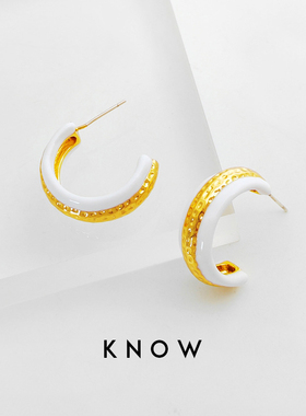 KNOW复古法式金白色珐琅釉C字耳环半圆耳圈女耳钉硅胶耳夹无耳洞