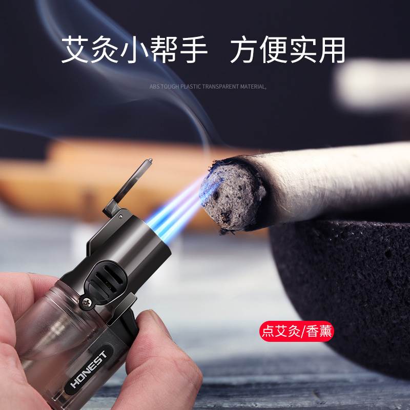 百诚三直冲蓝焰防风打火机可充气耐用定制雪茄艾灸打火机 送男友