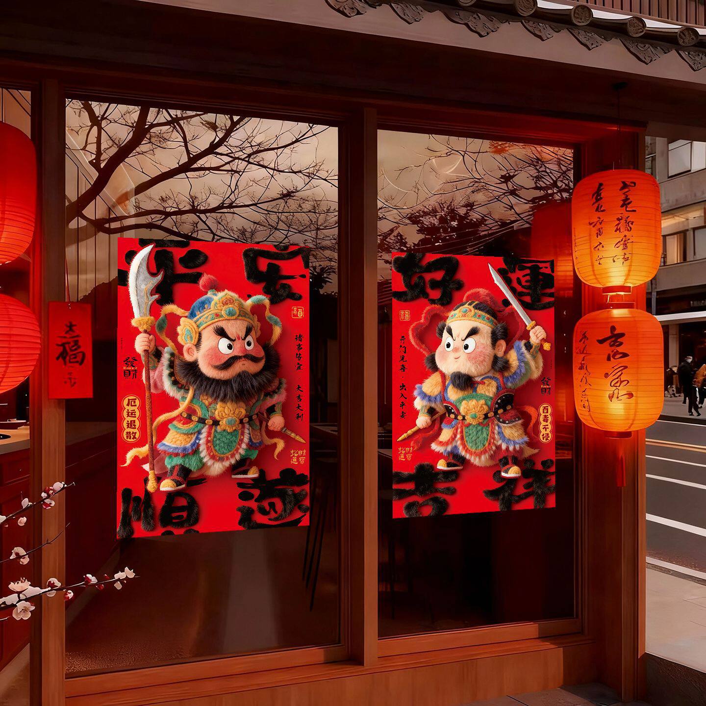 2026马年毛绒门神创意静电贴新年春节装饰中式窗花过新年贴纸布置