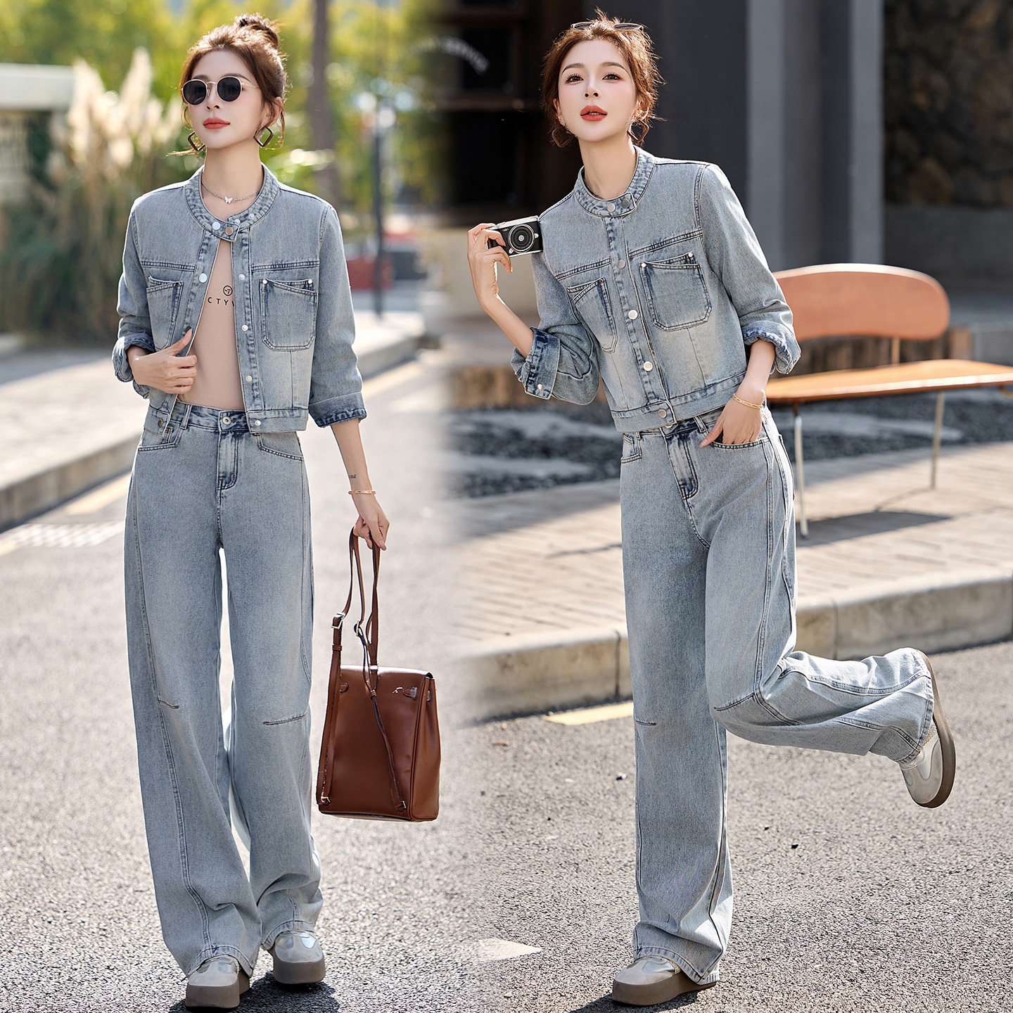 牛仔短外套阔腿裤两件套女2026冬季新款时尚洋气减龄休闲气质套装
