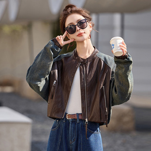 港风牛仔拼接皮衣外套女短款2026年春秋新款宽松显瘦百搭PU皮夹克