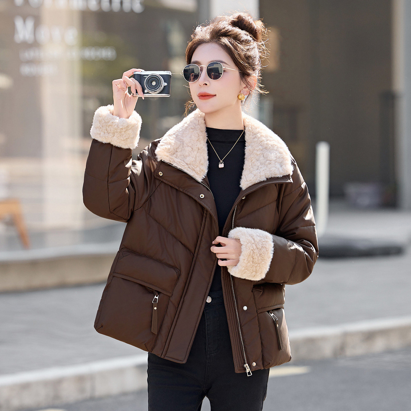 羊羔毛领PU皮棉服女短款2025冬季新款宽松保暖石墨烯云绒棉袄外套