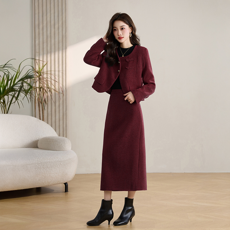 小香风毛呢外套半身裙两件套女2025秋冬新款修身显瘦气质加厚套裙