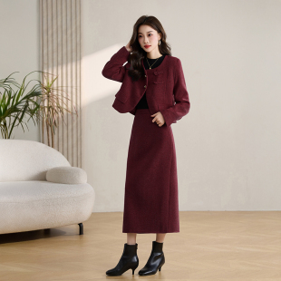 小香风毛呢外套半身裙两件套女2025秋冬新款 显瘦气质加厚套裙 修身