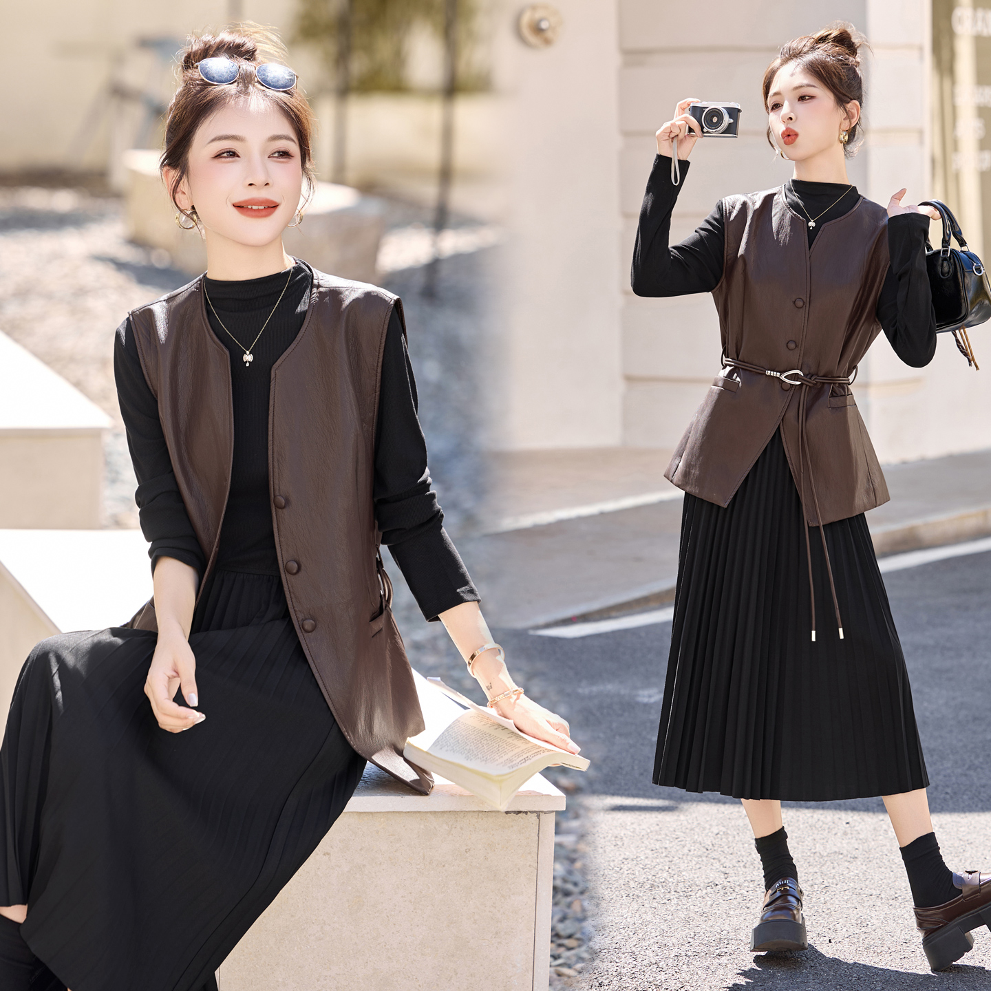 PU皮马甲连衣裙套装女