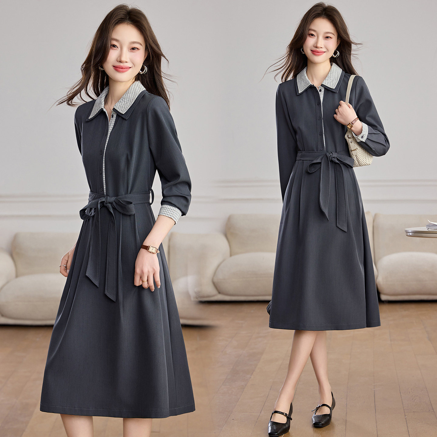 通勤风POLO领连衣裙女中长款2026年春秋收腰系带显瘦气质衬衫裙子