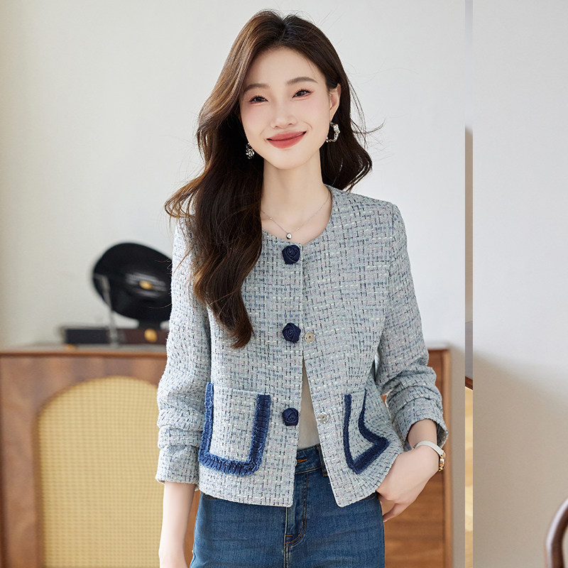 法式小香风短外套女2026春秋新款高端拼色气质名媛粗花呢圆领上衣
