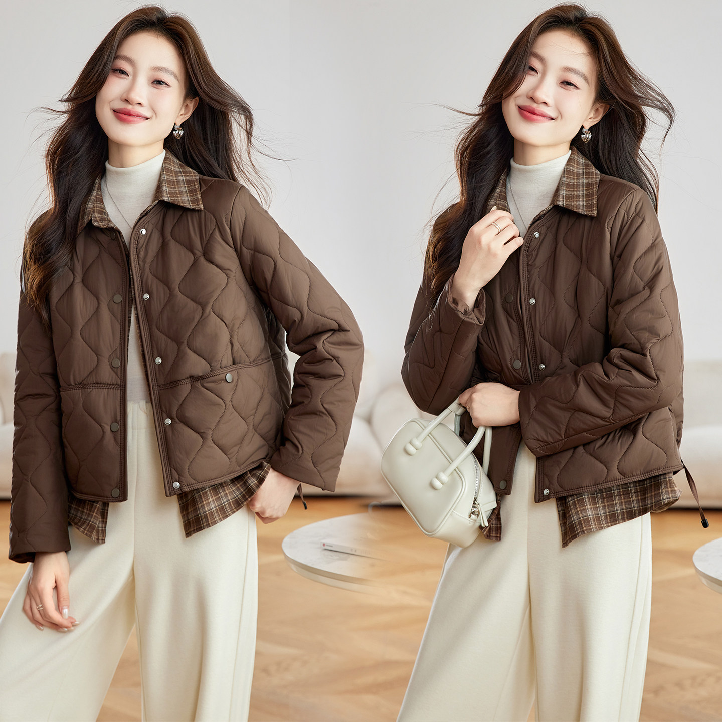 拼接领假两件菱格纹棉服女短款2025秋冬新款宽松显瘦轻薄棉衣外套